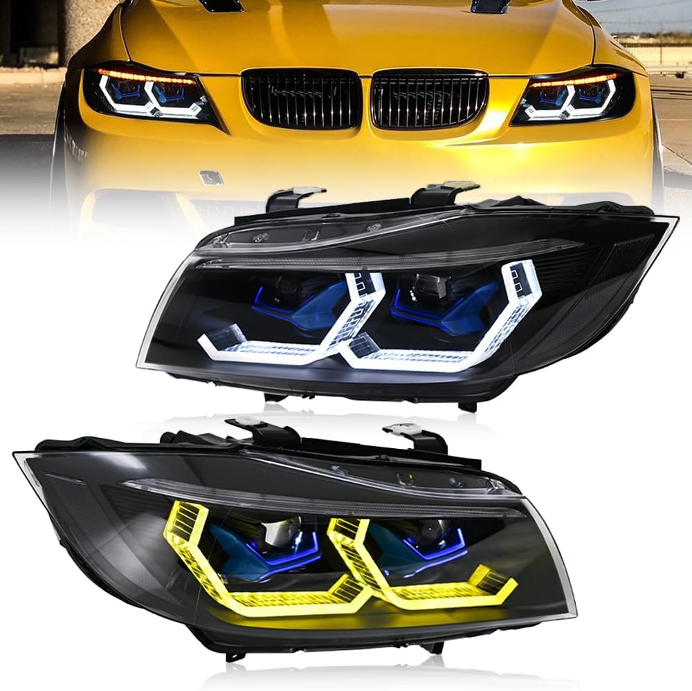 LETSLATE Headlights Compatible with Bimmer 3 Series E90 E91 LCI 2009-2012, Front Lamps w/Sequential Turn Signal w/Multicolor Halo DRL, Only Fit OE Halogen