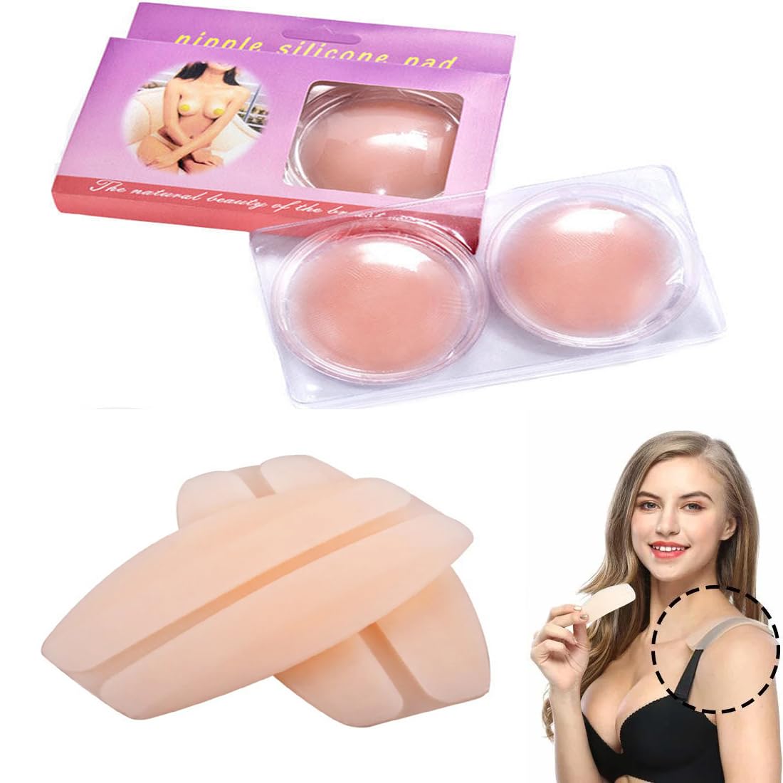 Women Silicone Shoulder Pads Silicone Push Up Bra Pads Silicone Peel and Stick Bra Pads (Beige Pack of 2)-image-2