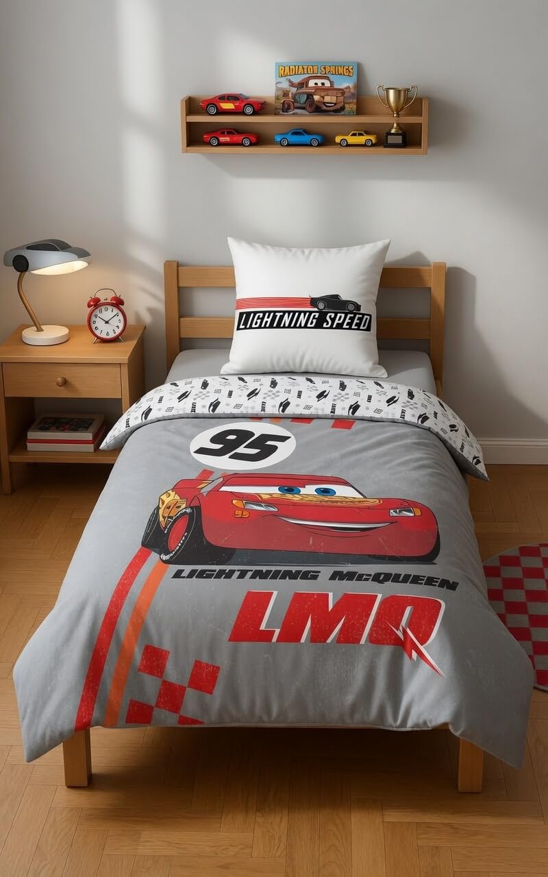Cars Flash McQueen Housse de Couette 140x200 + Taie 60x63 Coton Gris Rouge | Parure de lit réversible 1 personne | Coton naturel respirant Oeko-Tex | Disney Pixar | Garçon 3-10 | Cadeau | Idée cadeau