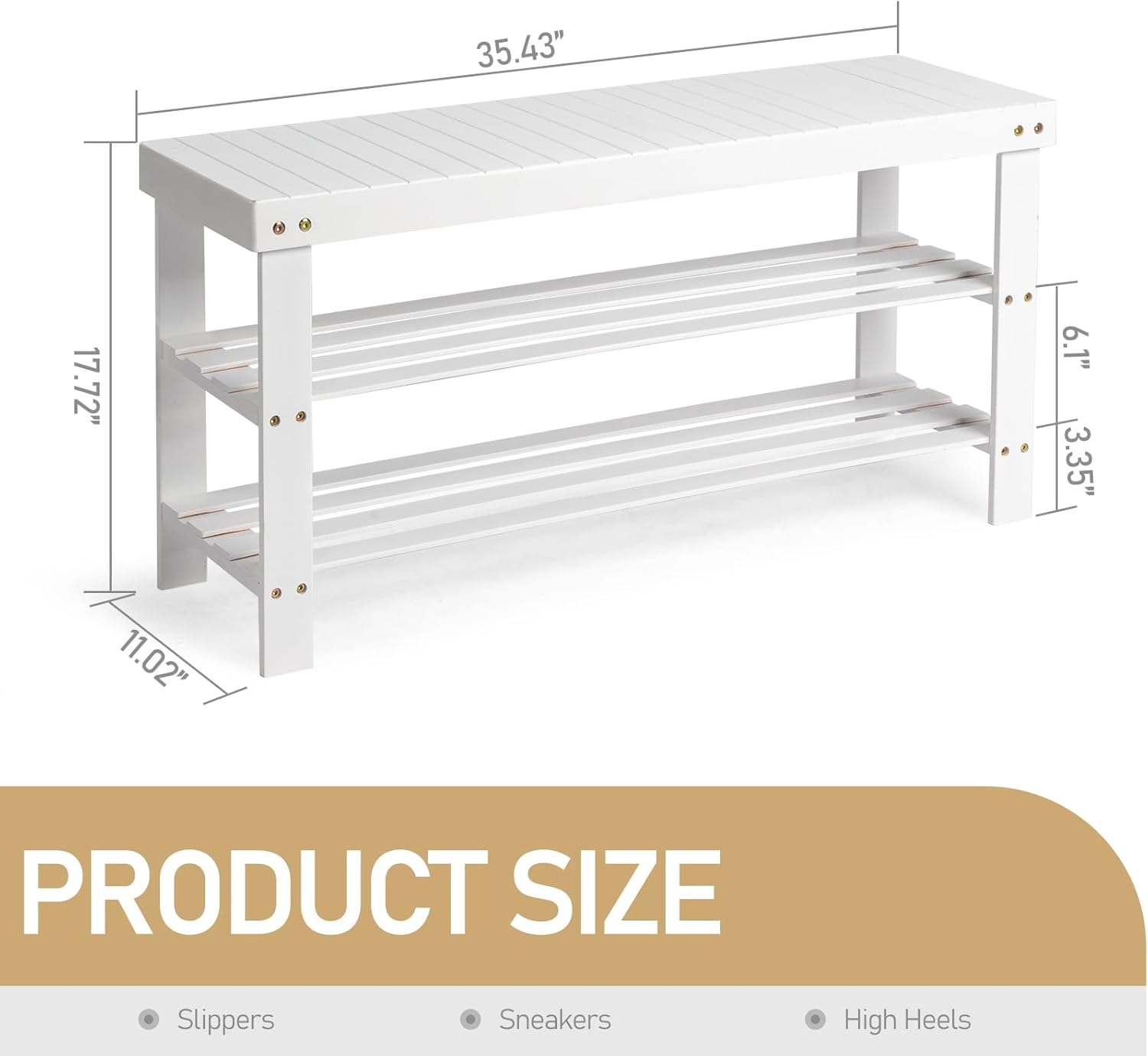 Shoe Rack Bench, 3-Tier Bamboo Shoe Storage Organizer, Entryway Bench,11 x 35.4 x 17.7 Inches, for Entryway Bathroom Bedroom (White)