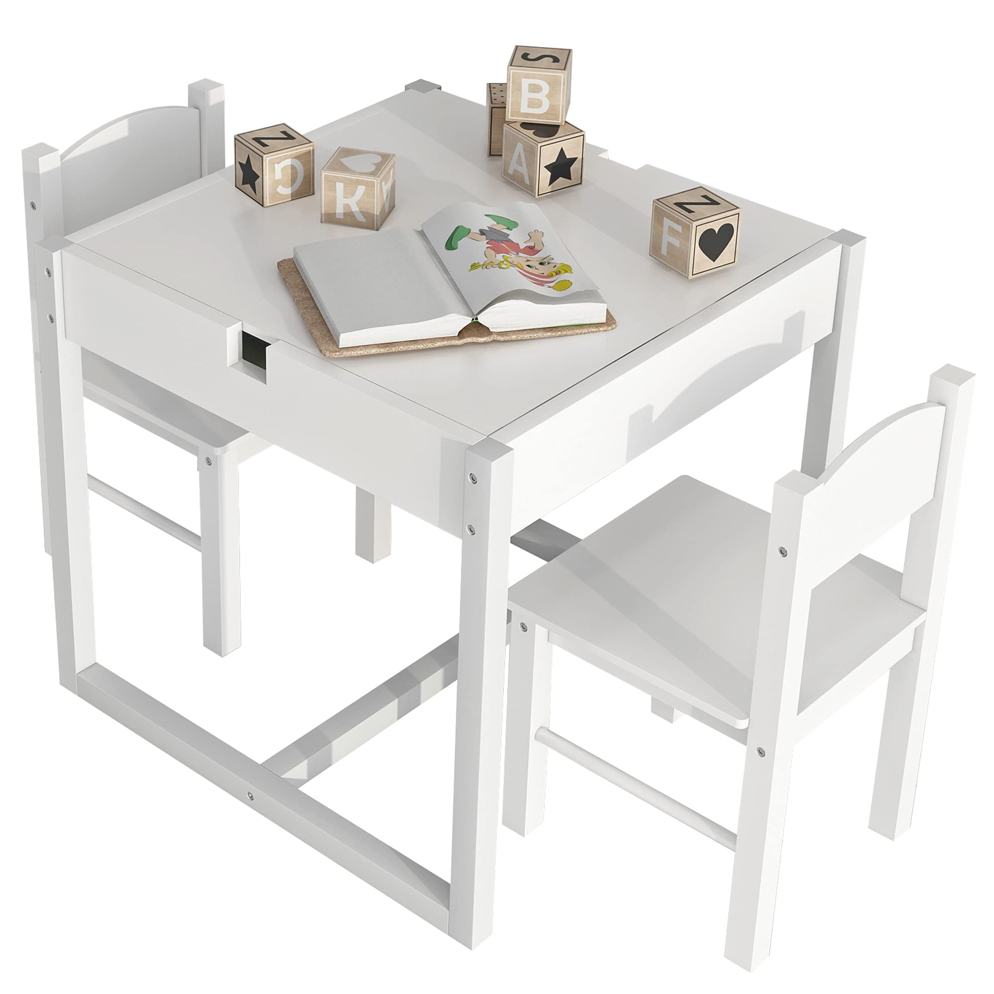 Juego de mesa para niños 3 en 1 para 2, mesa y sillas para niños, mesa de actividades para niños pequeños con almacenamiento oculto, escritorio de madera para edades de 3 a 7 años, color blanco y 7