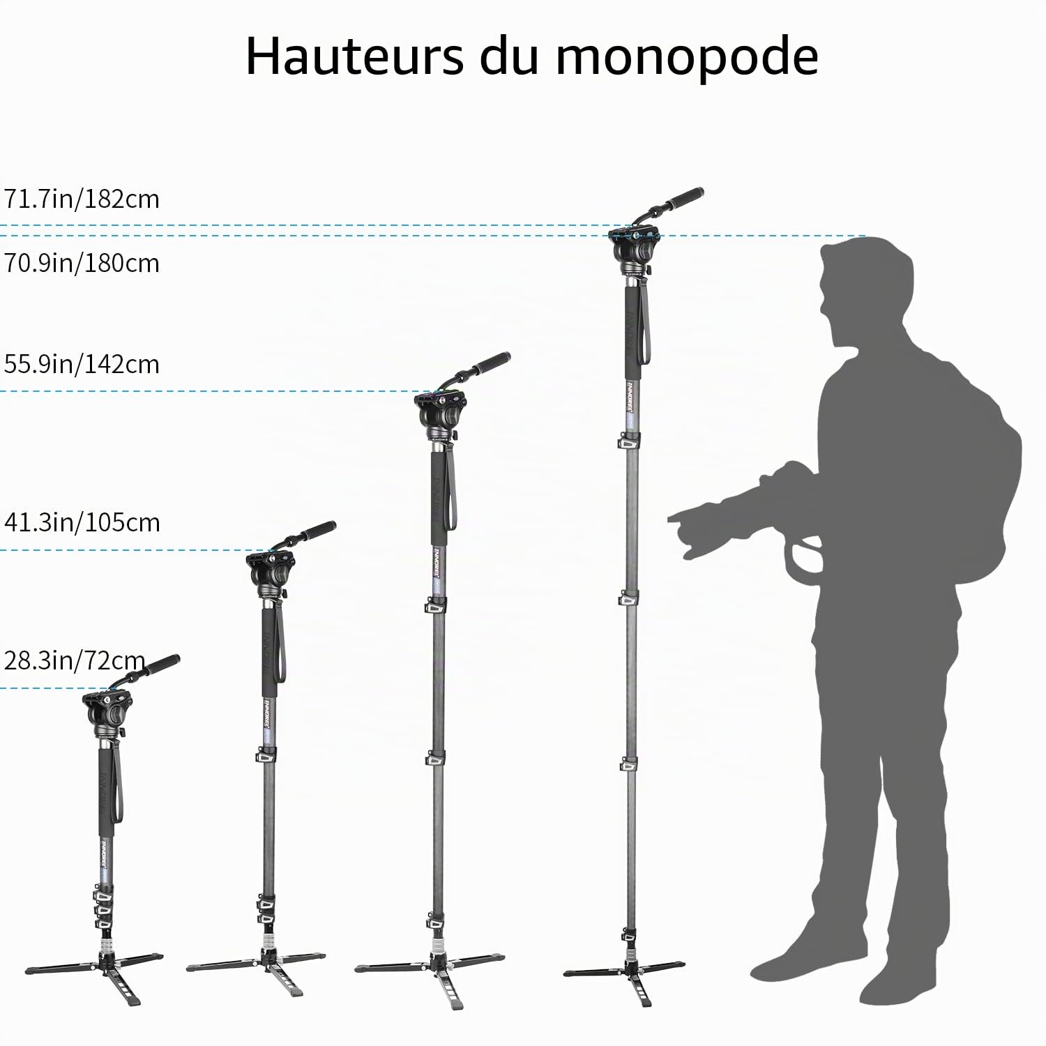 INNOREL VM70CK Monopode en Fibre de Carbone pour Caméra Télescopique avec Tête Fluide et Base Tripode Pliable