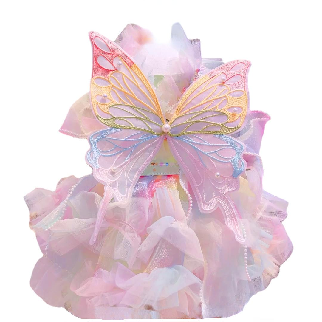 Dog Princess Dresses for Small Dogs Lolita Clothes Butterfly Costume Pet Girl Cute Coat Outfits Summer Costumes Puppy Handmade Skirt Cat Spring (L,Rainbow Faery)