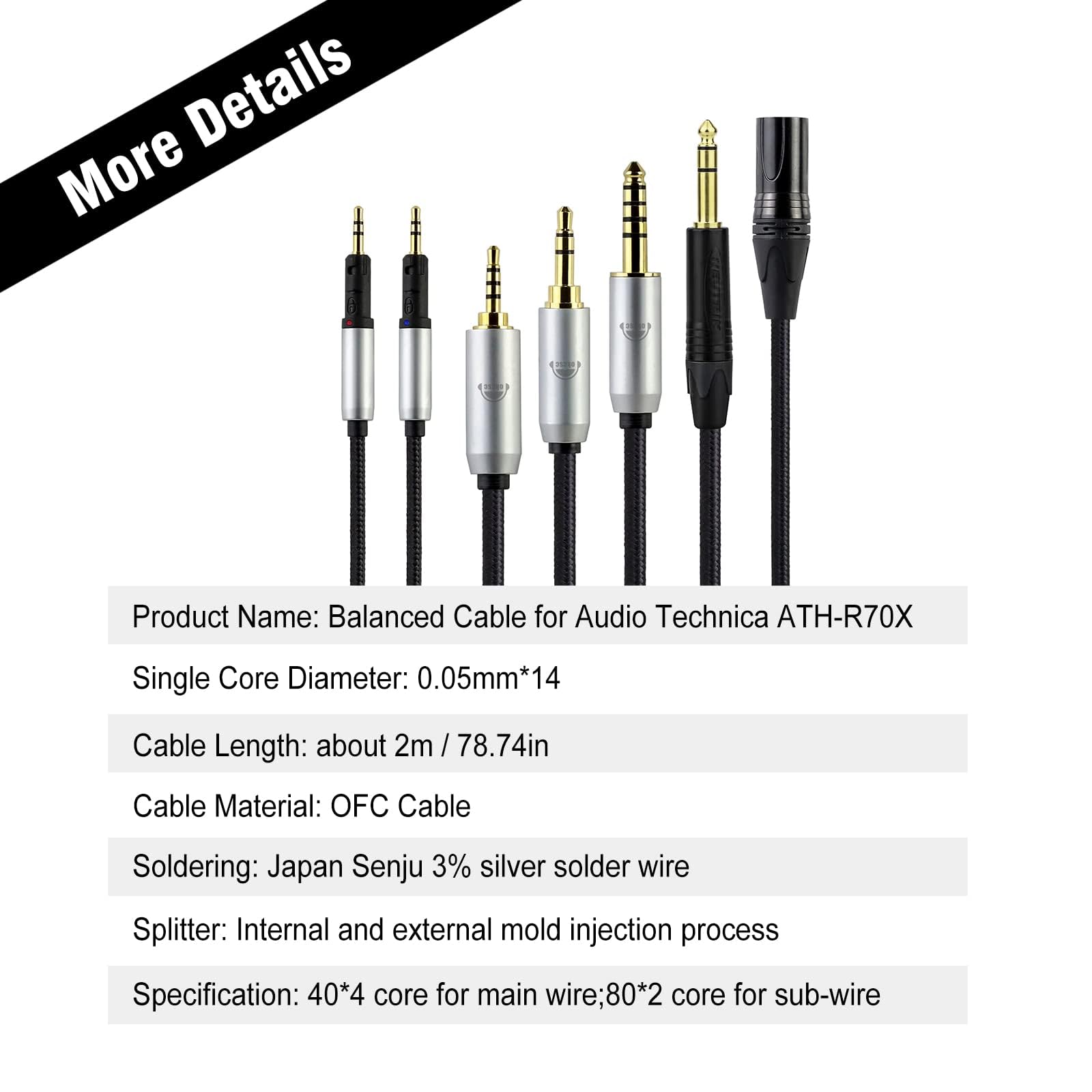 okcsc ATH-R70x - Cable de repuesto para auriculares de 6,35 mm, enchufe equilibrado para Audio-Technica ATH-R70x R70Xa, cable de auriculares de 4 núcleos de PVC trenzado de nailon OFC de 6.5 pies de