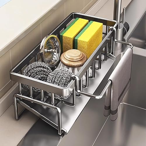Piqiuqiu Organizador Para Fregaderos De Cocina Con Escurridor, 23x11x9cm, Gris, Organizador Para Fregadero Con Gancho Para Toallas, Apto Para Lavavajillas, Organizador Multiuso Para Cocina Y Baño