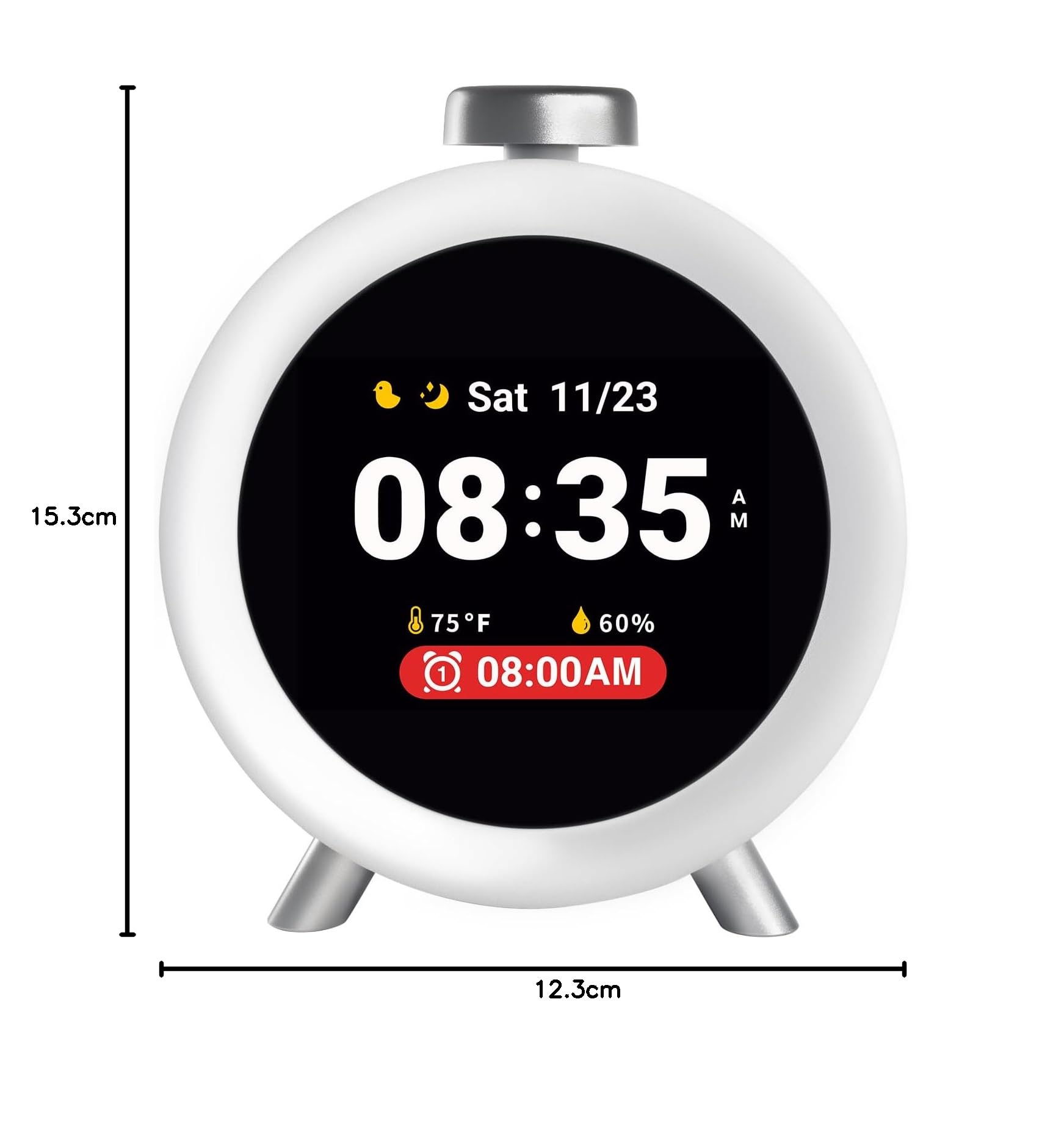 Dekala Despertador Infantil Caja Redonda con Pantalla IPS, Sensor De Temperatura & Humedad, Temas Interactivos, Sonidos De Sueño, Alarmas Personalizables para Niños Y Niñas (gris)