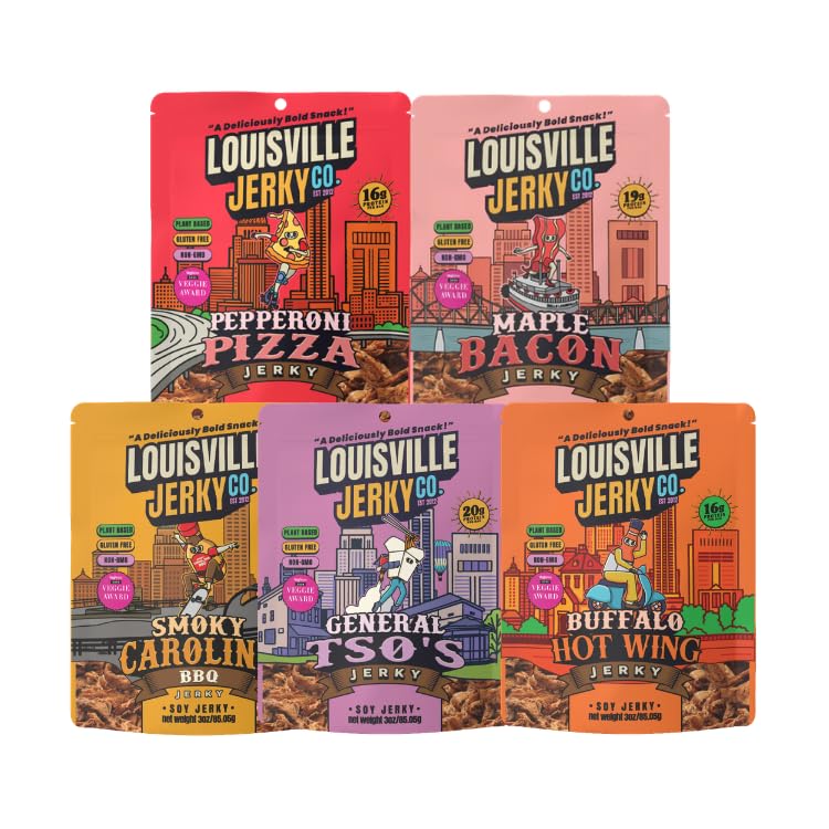 Louisville Jerky Co. Vegan Jerky Variety Pack, Plant Based Protein Snack, (3 Ounce, 5-Pack) – Smoky Carolina BBQ, Buffalo Hot Wing, Maple Bacon, Smoked Black Pepper, General Tso