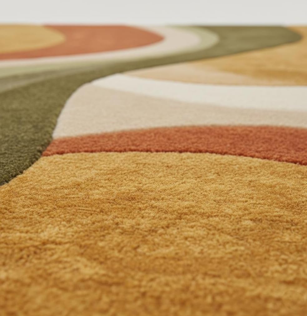 Retro Wave Area Rug, Multicolor Abstract Curved Stripes, Mustard Yellow Rust Orange Olive Green Cream, Modern Bohemian Style (5 * 7 feet)
