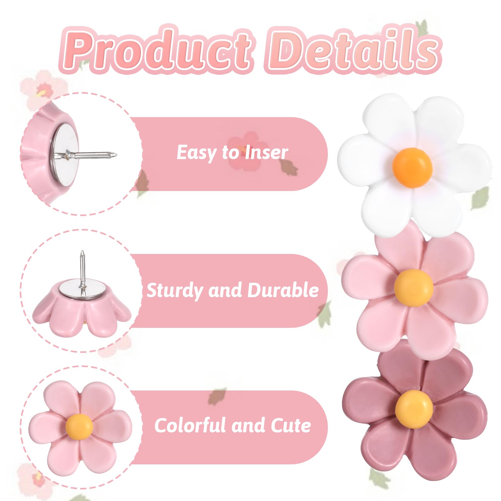 20 Stück Blumen Reißzwecken Rosa/Weiß - Dekorative Pinnwandnadeln