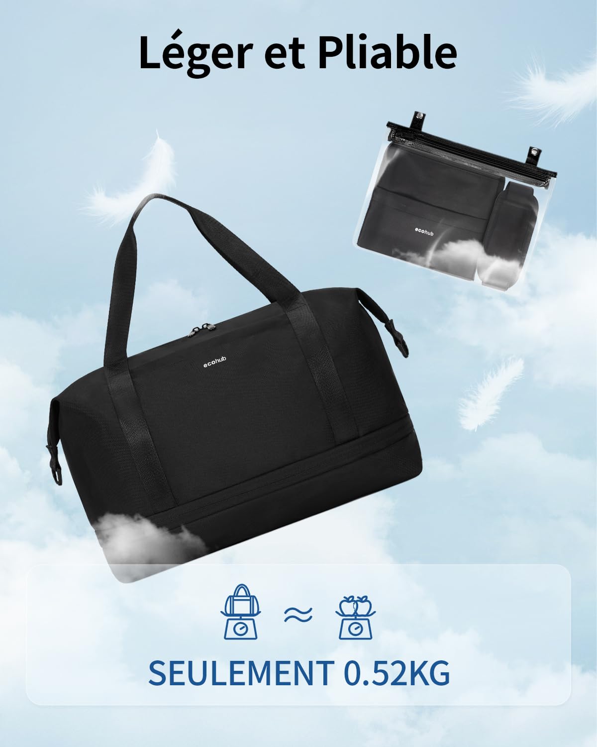 ECOHUB Extensible Sac de Voyage Femme, Bagage Cabine 40x30x20, Ryanair Sacs Cabine Avion avec Pochette Humide Amovible, Sac Weekend Maternité, Pet Recyclé Petit Bagage à Main, Noir, 20L-28L