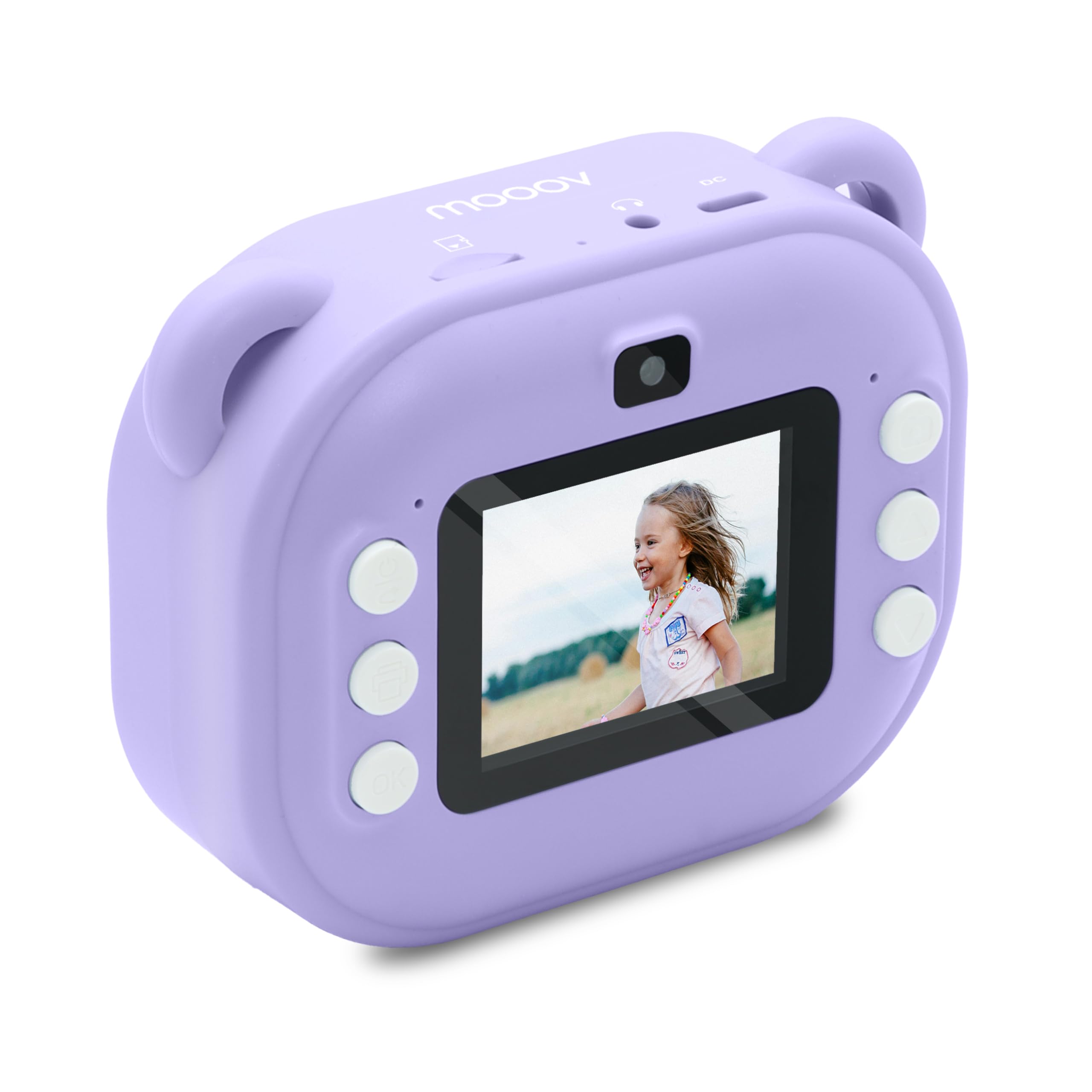 Mooov 477523 - Camara Fotos Infantil instantanea, 2,4’‘ Full HD/HD, cámara Fotos Infantil para niños y niñas, 18 Efectos/Marcos, 5 Juegos, 2 Rollos de Papel fotográfico de impresión, Lila