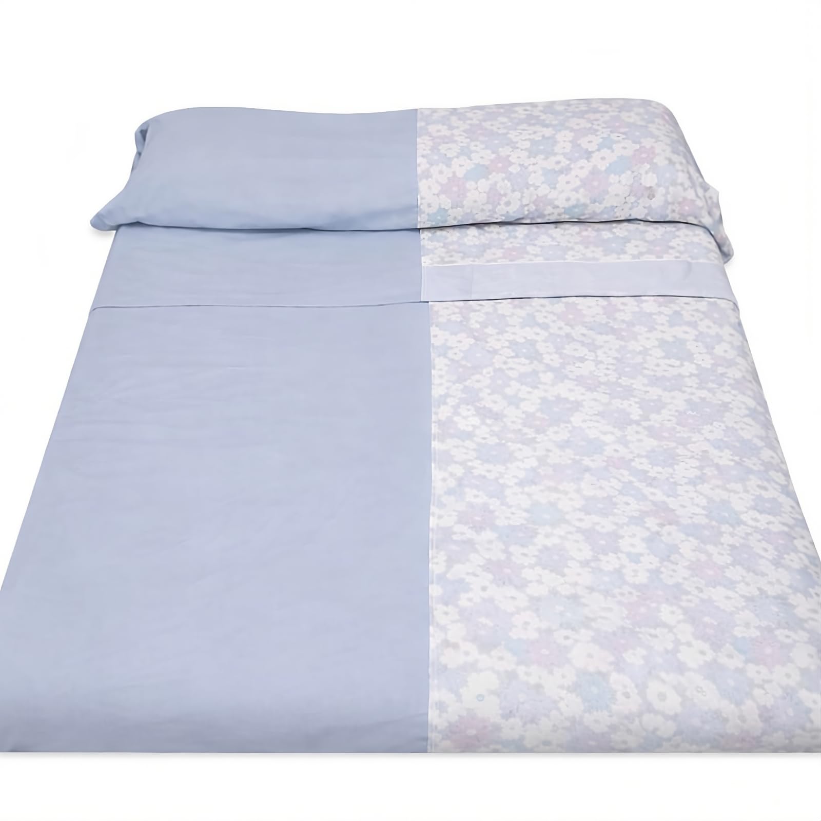 Juego de Sábanas Dual, Azul y Estampado, Mitad Coralina Mitad Algodón Percal 180 Hilos Tamaño 135