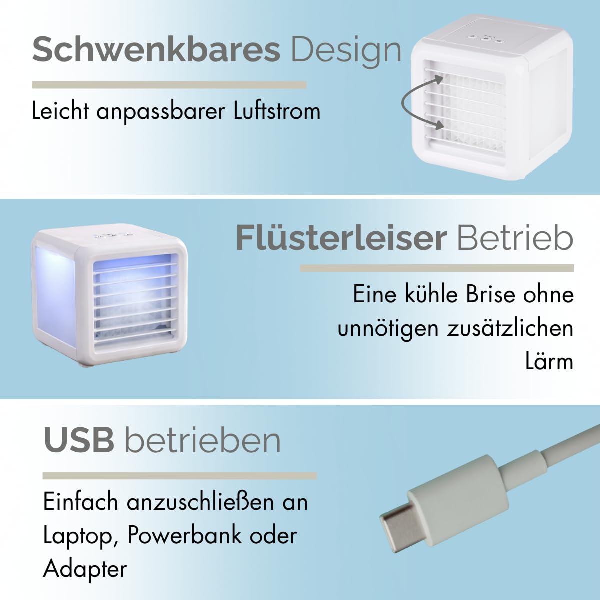 Mini Air Cooler - Mobile Klimaanlage ohne Abluftschlauch Ventilator mit Wasserkühlung - Luftbefeuchter Lüfter 3 Stufen mit 2 Kühlelementen - 16 x 16 x 16,5 cm