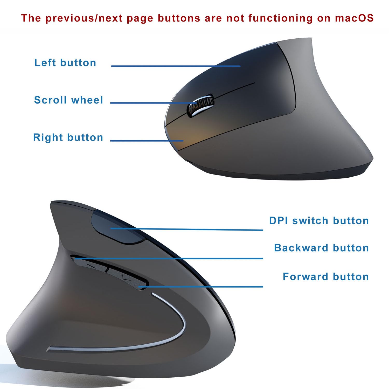 Mouse per mancini, mouse ergonomico per mancini, mouse verticale wireless USB 2.4G, DPI regolabile (800/1200/1600), 6 pulsanti per PC, Mac, laptop, Windows, desktop - nero