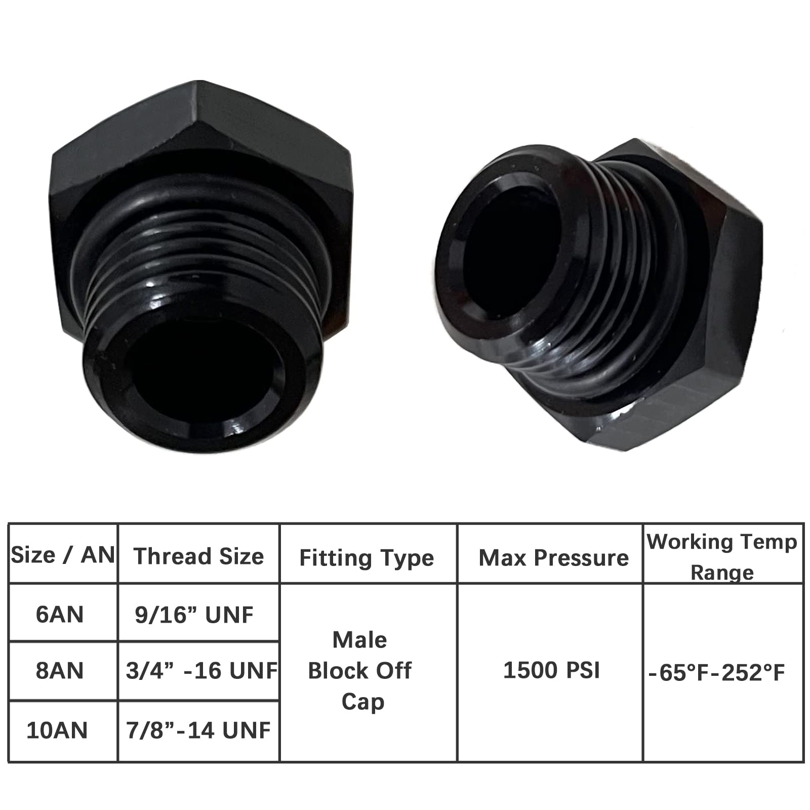 8AN Tapón de bloqueo de enchufe ORB Tuerca de enchufe de aluminio negro Adaptador de ajuste de combustible tapones hexagonales con junta tórica AN-08, 2 unidades