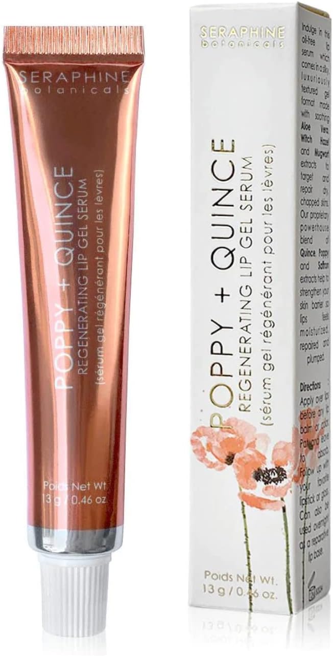 Seraphine Botanicals Poppy + Quince Regenerating Lip Gel Serum Repair Dry, Chapped Lips Instant Hydration Restorative Lip Mask, Repairs, Moisturizes, Plumps Lips Aloe Vera, Witch Hazel Extracts 13g