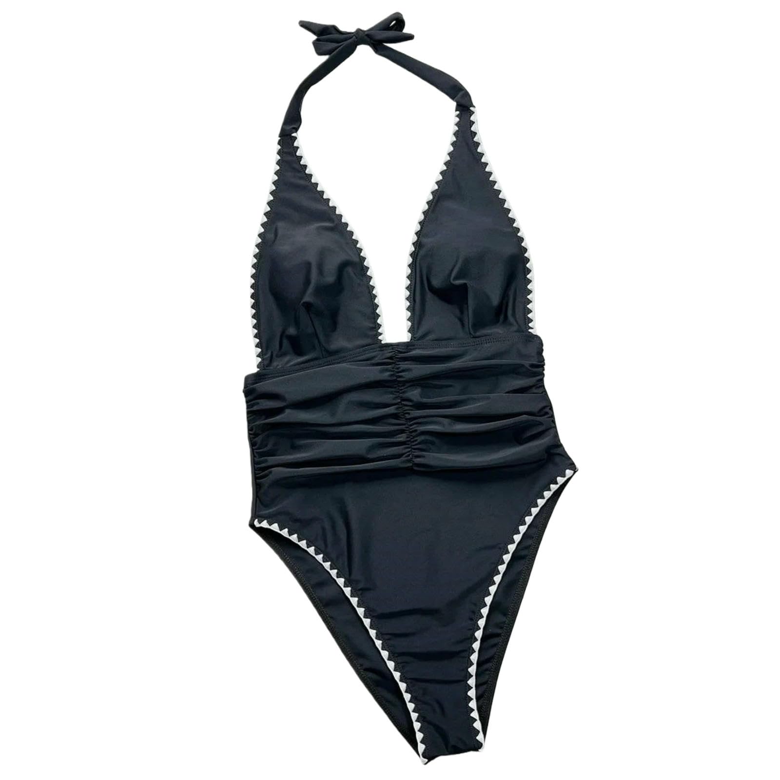 Bañador Mujeres Negro Blanco Una Pieza – Deep V Halter Traje De Baño Sin Espalda-b717black-l