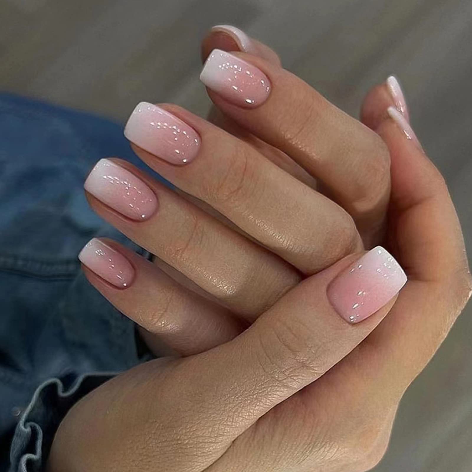 Ceboic 24Pcs Square False Nails Short, Pink Gradient French Tip Nude Press on Nails, Glossy Removable Fake Nails with Glue Stickers, Acrylic Full Cover Stick on Nail for Women and Girls