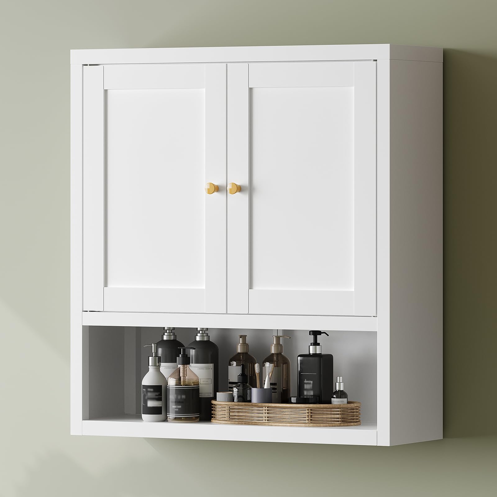 YAUWOH Metal Bathroom Storage Cabinet, white, with two doors and an open shelf below