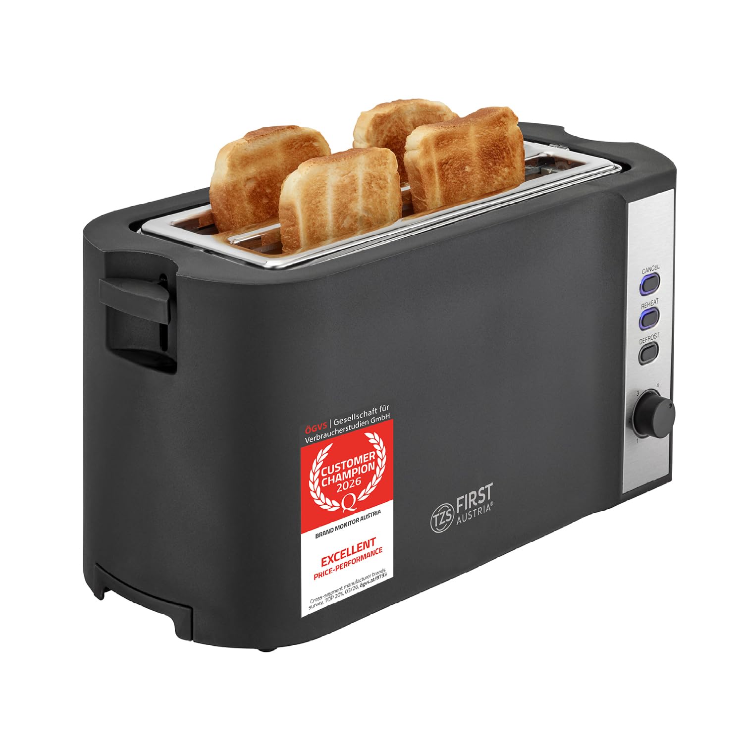 TZS First Austria – Grille-pain inox longue fente 4 tranches – 6 niveaux de brunissage, fonction décongélation – 1500W – Avec réchauffe-petits pains & tiroir ramasse-miettes – Noir mat