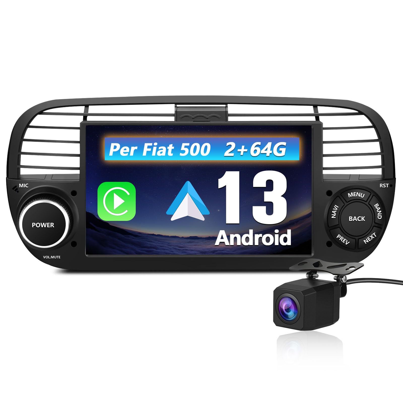 Autoradio per Fiat 500 (2007-2015) Android 13 Car Radio (2+64GB) con CarPlay Android Auto GPS BT Comandi al Volante FM RDS + Fotocamera Posteriore (Nero)