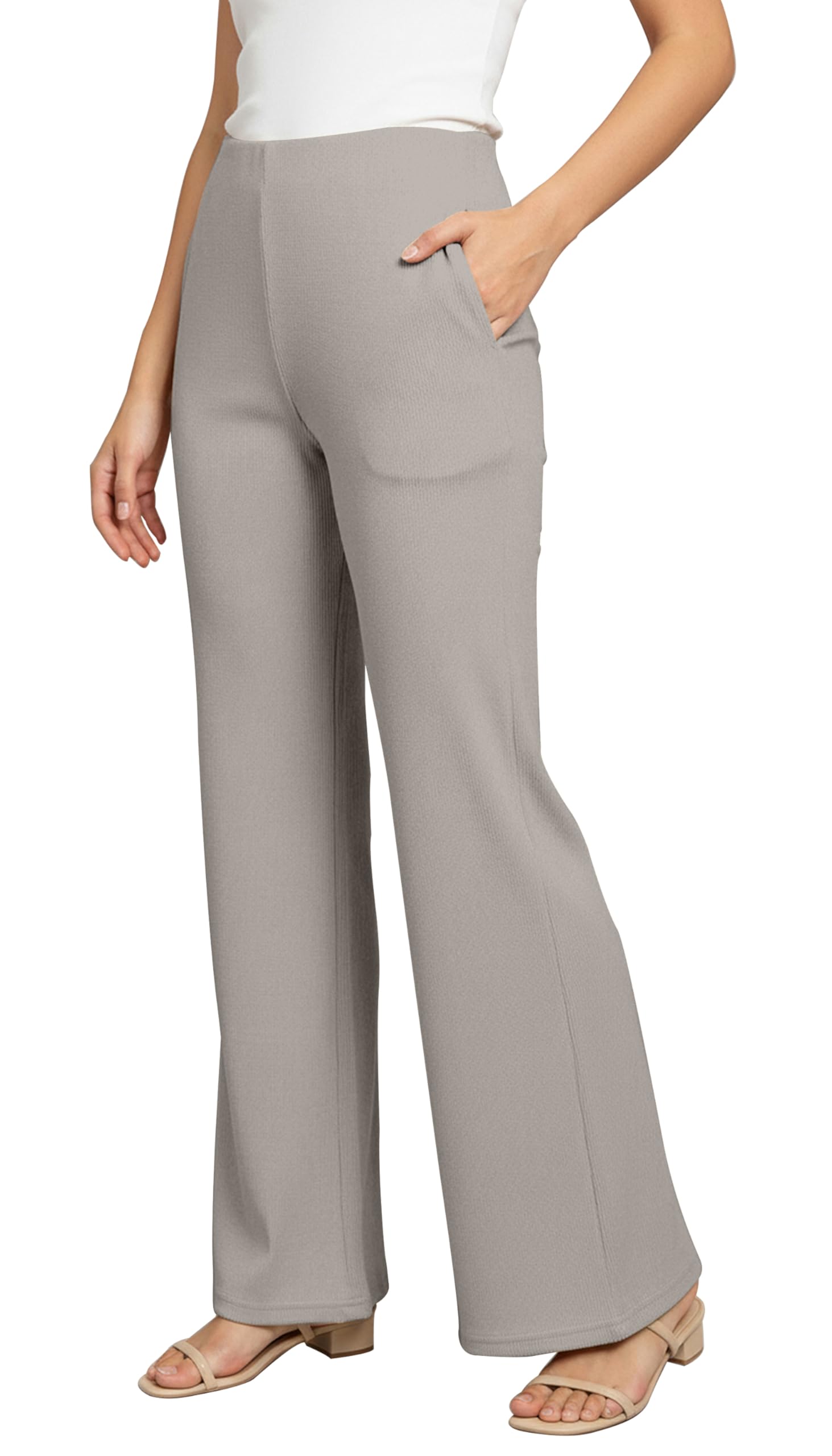 High Waisted Wide Leg Ribbed Knit Trousers with Pockets | Casual and Stretchy Pants | for Women