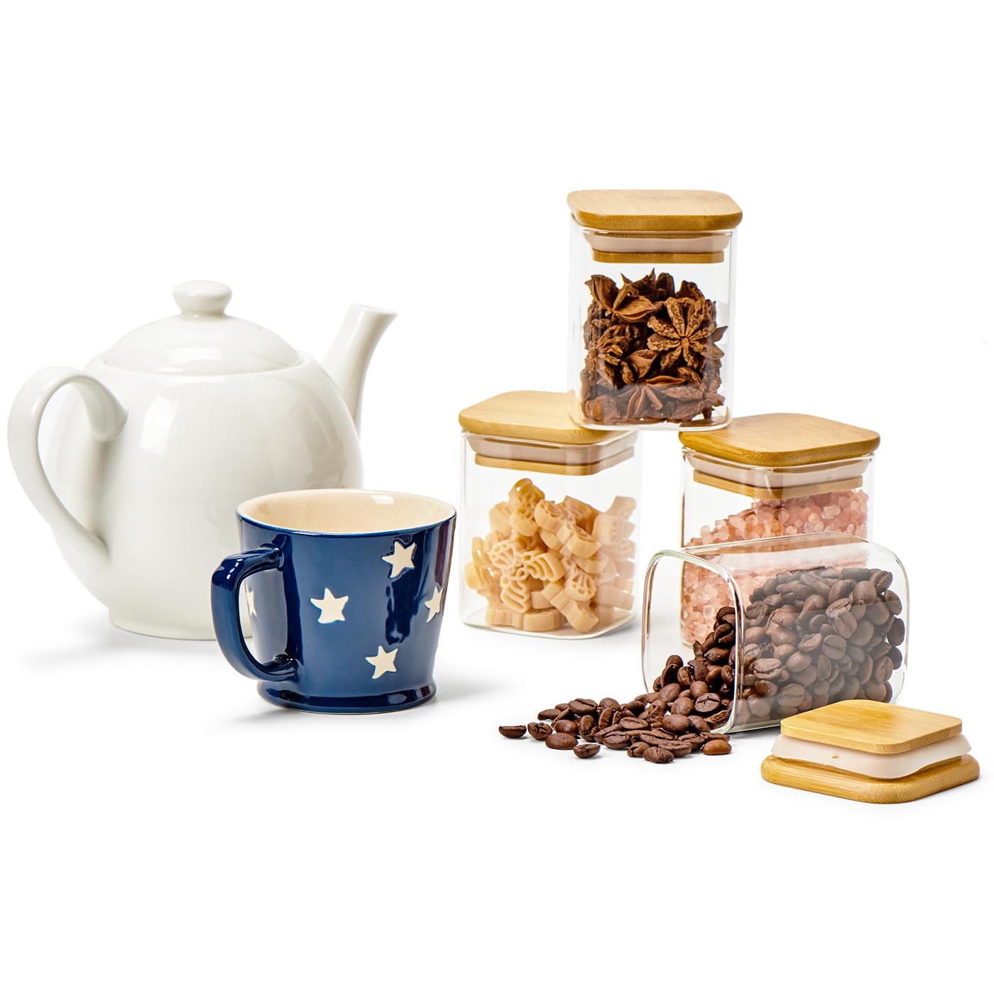 EZOWare - Lote de 12 tarros de especias cuadrados de cristal, 180 ml, pequeños frascos herméticos con tapa de bambú de almacenamiento para conservar especias de cocina, té, hierbas