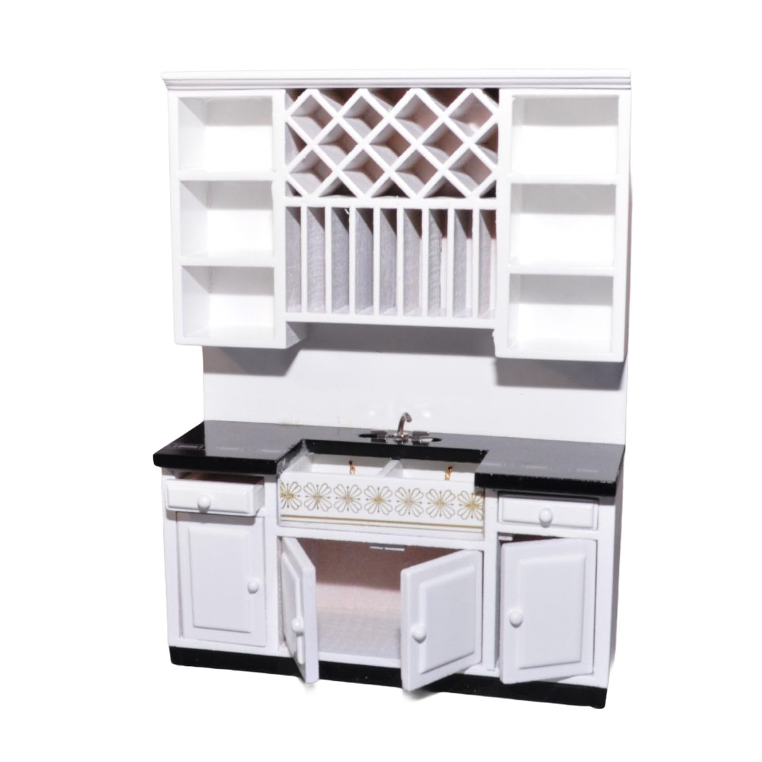 Dolls House Luxury Kitchen Set, 1:12 Scale, Black and White, Double Sink Unit, Oven and Hob Unit, Free-Standing Island - Image 3