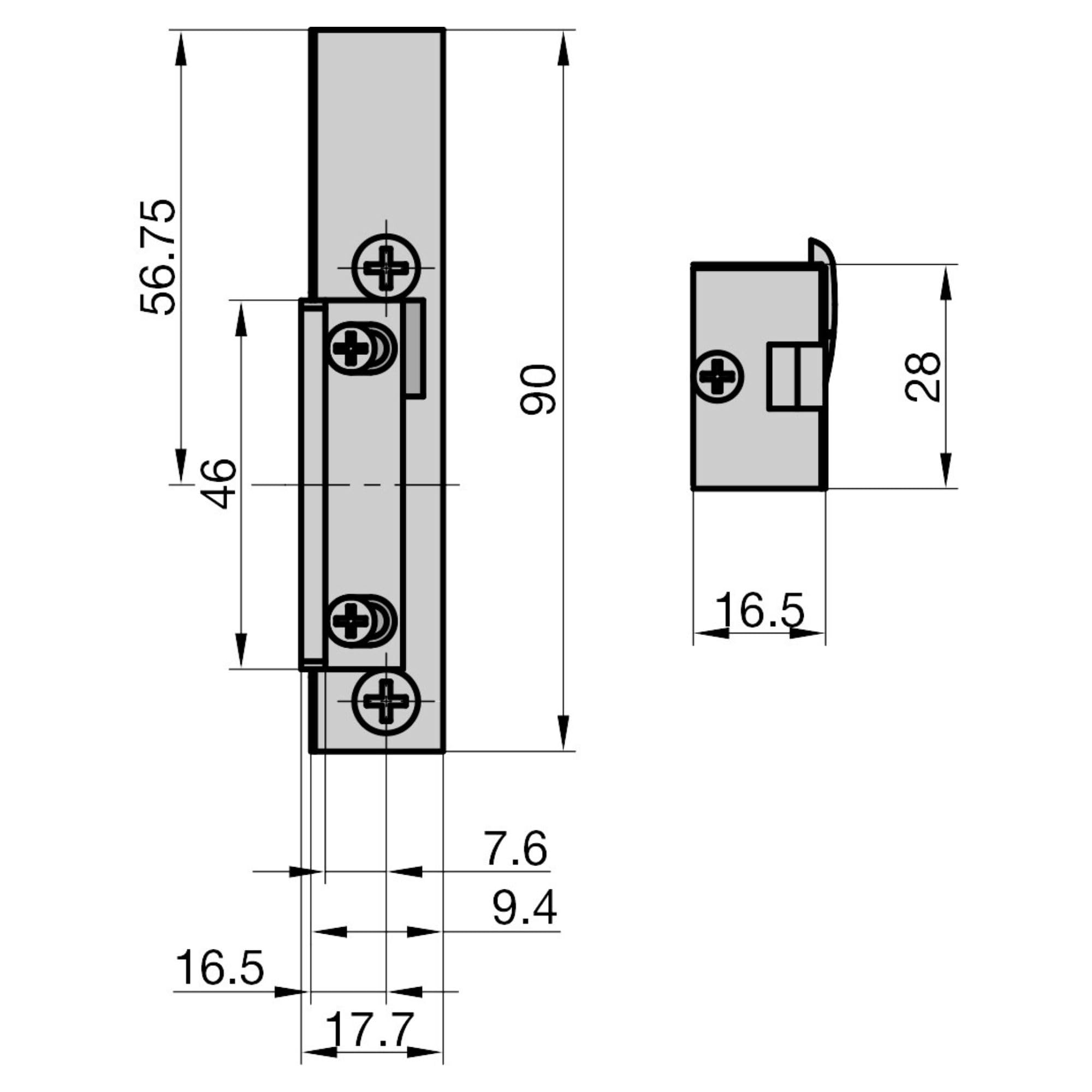 BASI | Elektrischer Türöffner | Asymmetrisch | Für DIN rechts Türen | Mit mechanischer Entriegelung | 6-12 Volt | Extra Flache Bauform 16,5 mm Silber