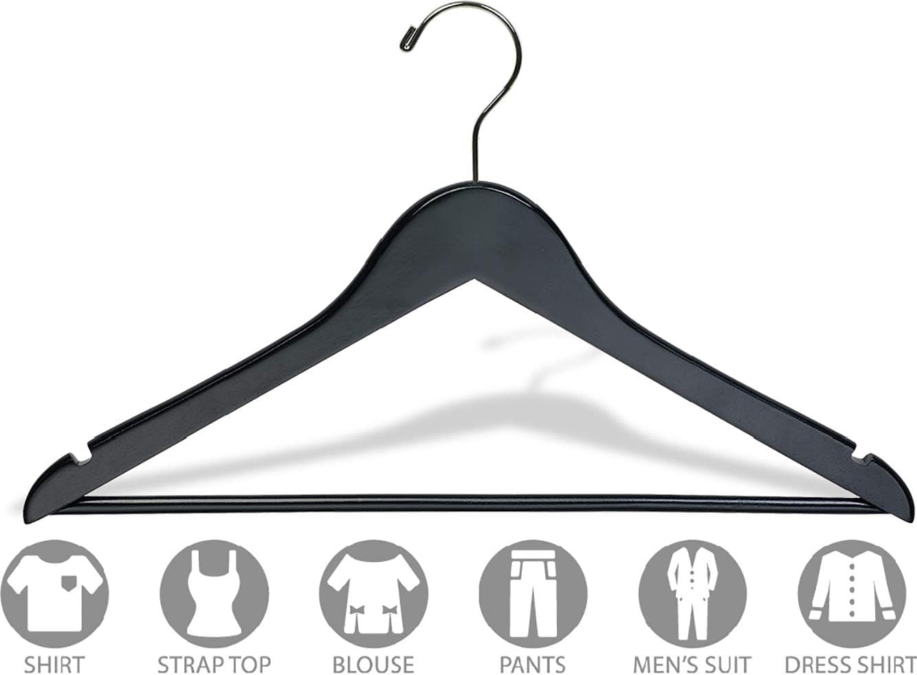 The Great American Hanger Company Black Wooden Suit Hangers with Solid Wood Bar, Box of 24 Space Saving Flat 17 Inch Hanger with Chrome Swivel Hook & Notches for Hanging Straps