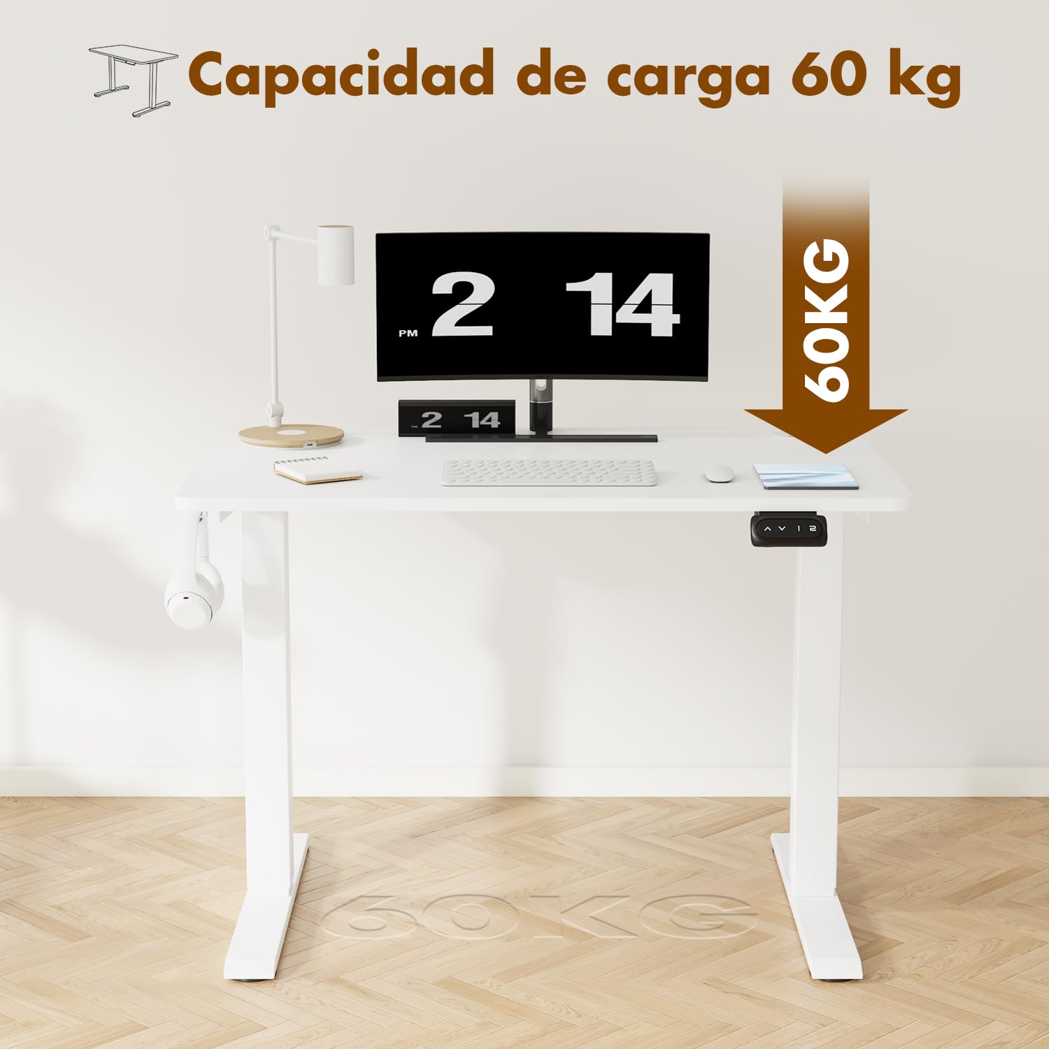Devoko Escritorio Elevable Eléctrico 100 x 60cm,Escritorio Regulable en Altura con Gancho, 71-119 cm, 2 Opciones de Memoria Inteligente, Adecuado para Estudiar Trabajar（Blanco）