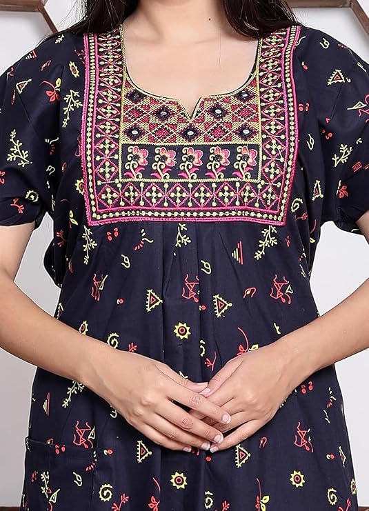 Image of Women's Cotton Jaipuri Nighty Gown - Pack of 2 Rajasthani Print Maxi Night Dress with Pocket - Soft & Comfortable Ladies Sleepwear & Loungewear