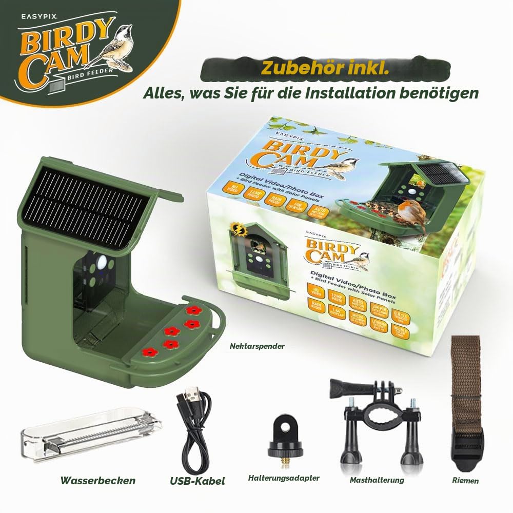BirdyCam Futterhaus mit Kamera, Solarenergie, Automatische HD-Video- und Fotoaufnahmen von Vögeln, Futterspender für Garten