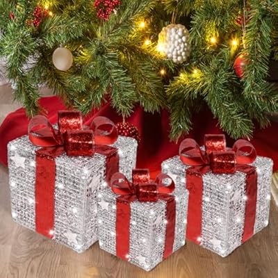 Set of 3 Christmas Lighted Gift Boxes, Xmas Silver Boxes with Red Bow, Prelit 80 LED Lights Present Boxes,Christmas Tree Ornaments Decoration for Indoor Outdoor Home Porch Decor