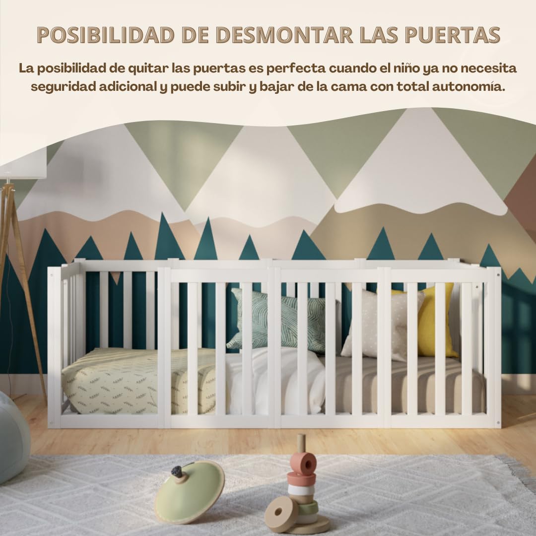 Cama Montessori 190x90 cm - Cama Infantil con Protección contra Caídas 73cm y Barrera Abrible - Camas Infantiles Superficie Lisa niños y niñas - Blanco