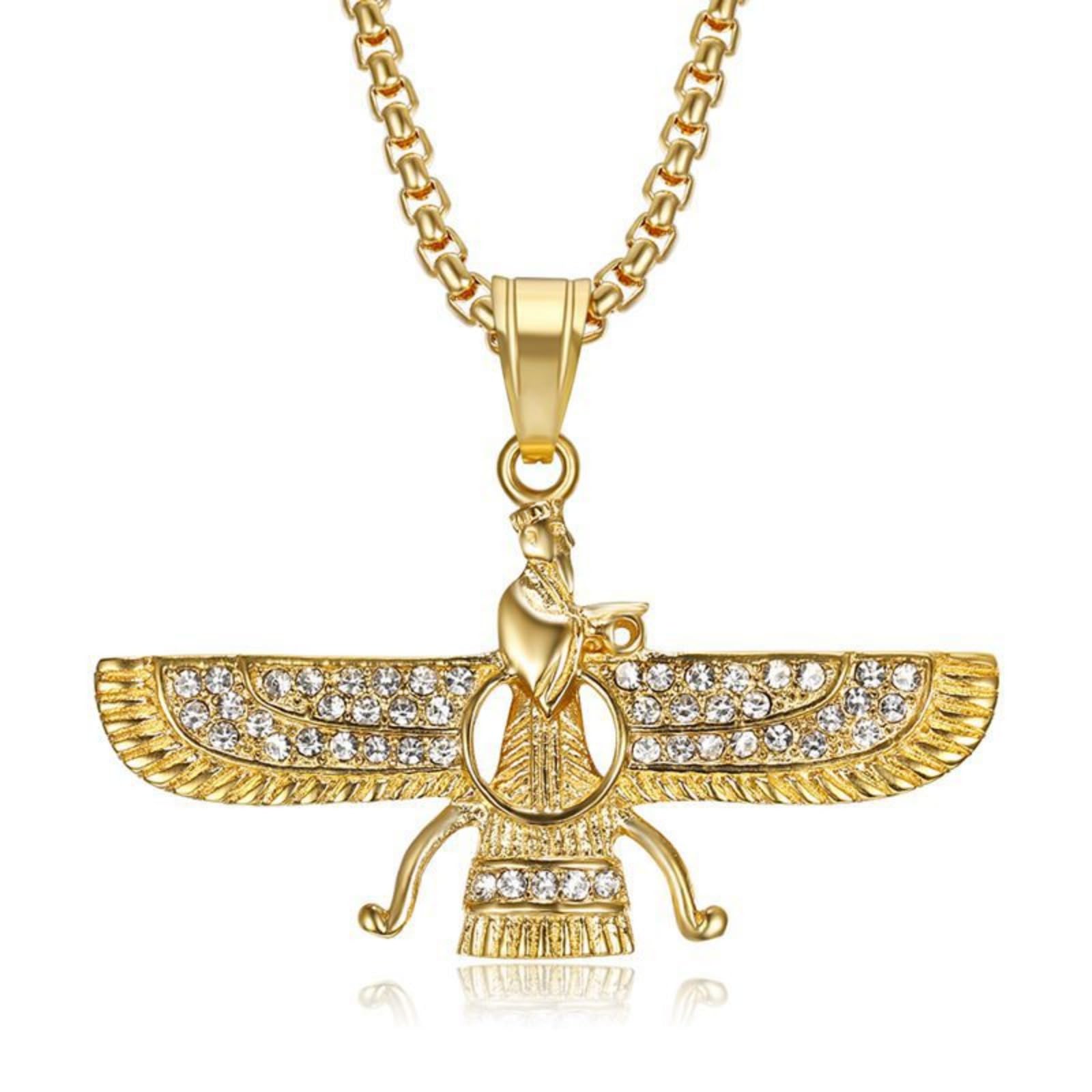 BDSHGRDH women's pendants， Ancient Persian Zoroastrianism Faravahar Necklace, Plated Titanium Steel Crystal Inlaid Winged Pendant(Gold)