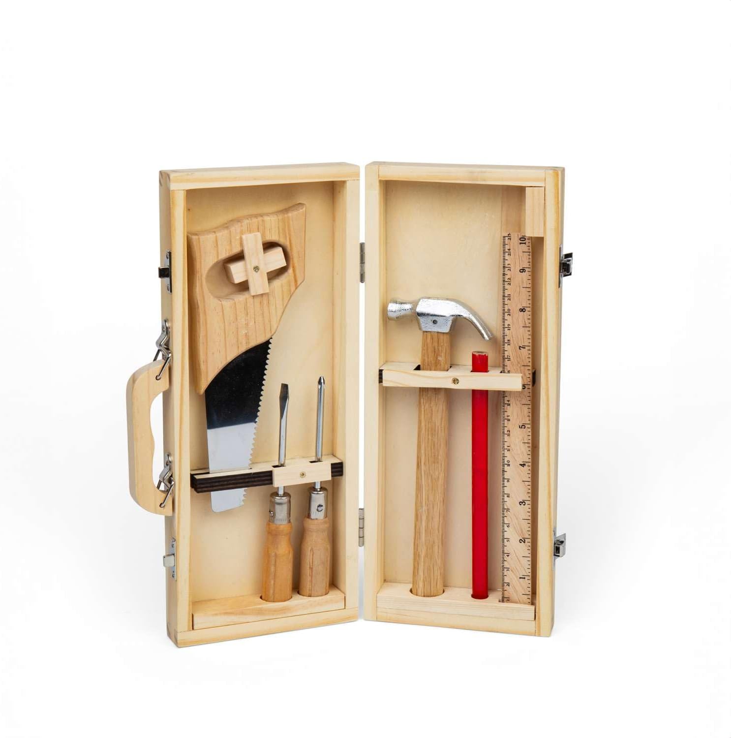 Bigjigs Toys DIY Tool Box, 6 Pieces Wooden Kids Tools, Real Kid-Friendly Building Kits, Eco Gift Sets for Girls and Boys, Age 5+