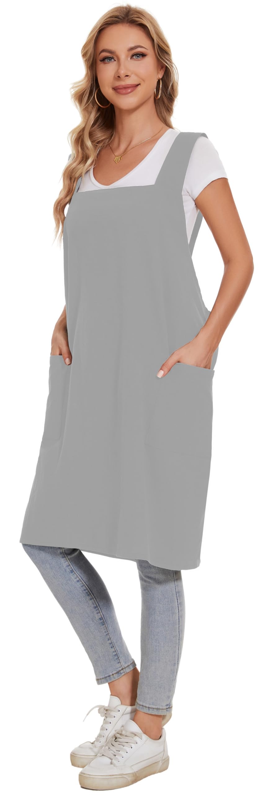 Hawholm Linen Cotton Aprons for Women Smock Cross-Back Apron with Pockets