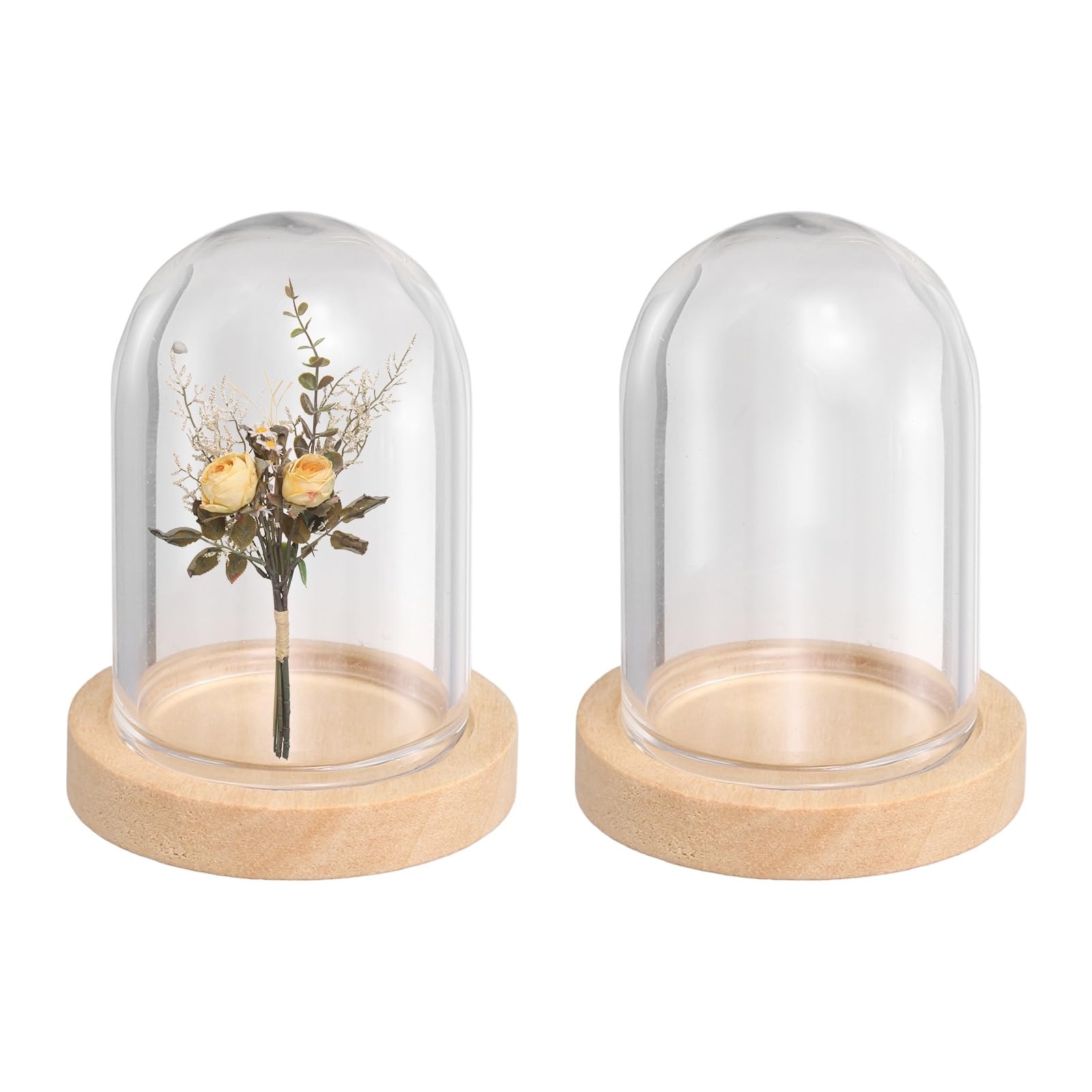 sourcing map 2Pcs Glass Display Dome, 1" x 1.3" Clear Cloche Glass Dome Decorative Bell Jar with Wooden Base for Collectibles Display Candle Tabletop Centerpiece Plants Wedding, Beige