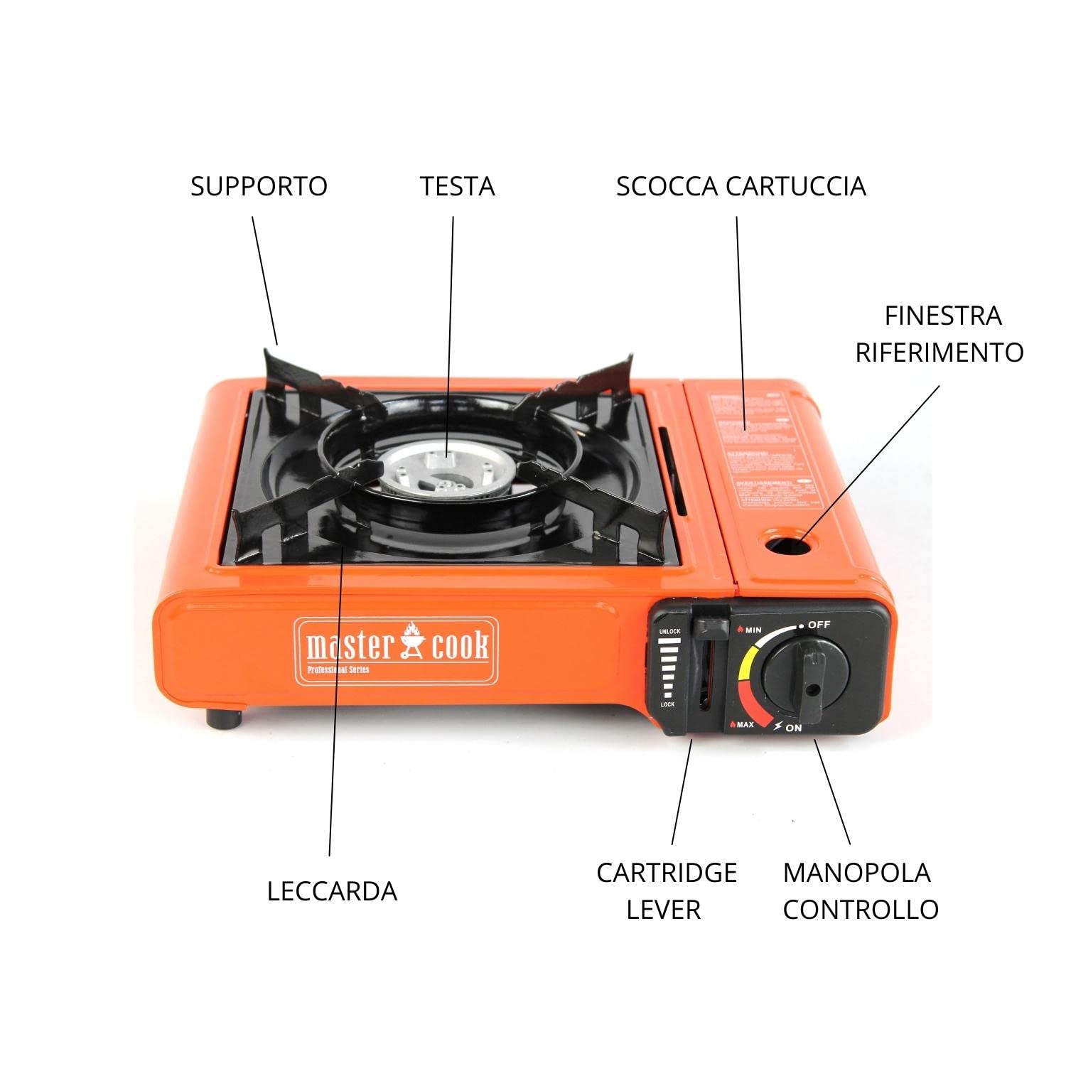MasterCook - Fornello a gas bistrò portatile 1 fuoco 2.1 Kw con bomboletta ricaricabile NON inclusa perfetto per case a mare o per campeggio o come fornello di emergenza