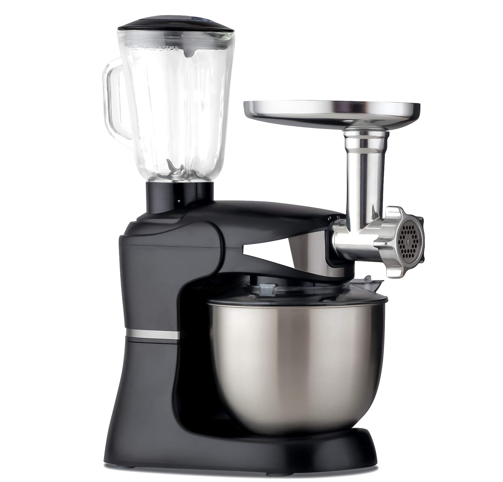 DMS 3 in 1 Küchenmaschine Rührmaschine 5 Liter Knetmaschine Edelstahlschüssel Spritzschutz StandMixer Ice Crusher Fleischwolf Teigkneter 6-stufige Geschwindigkeit 1700 Watt KMFB-1700 (Schwarz)