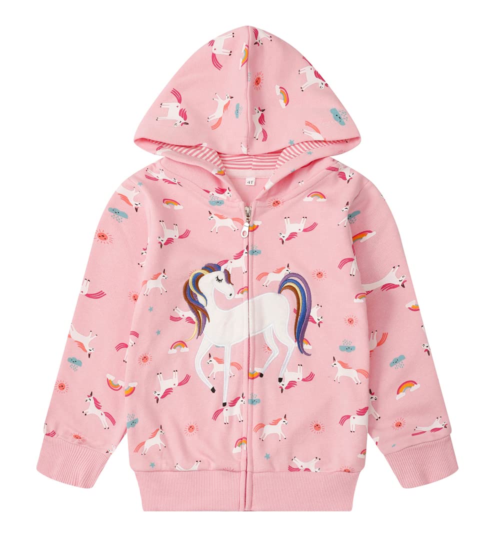 Little Girl Zip Up Hoodie Unicorn Rainbow Hooded Sweatshirt Back to School Jacket Pink Outerwear 6T