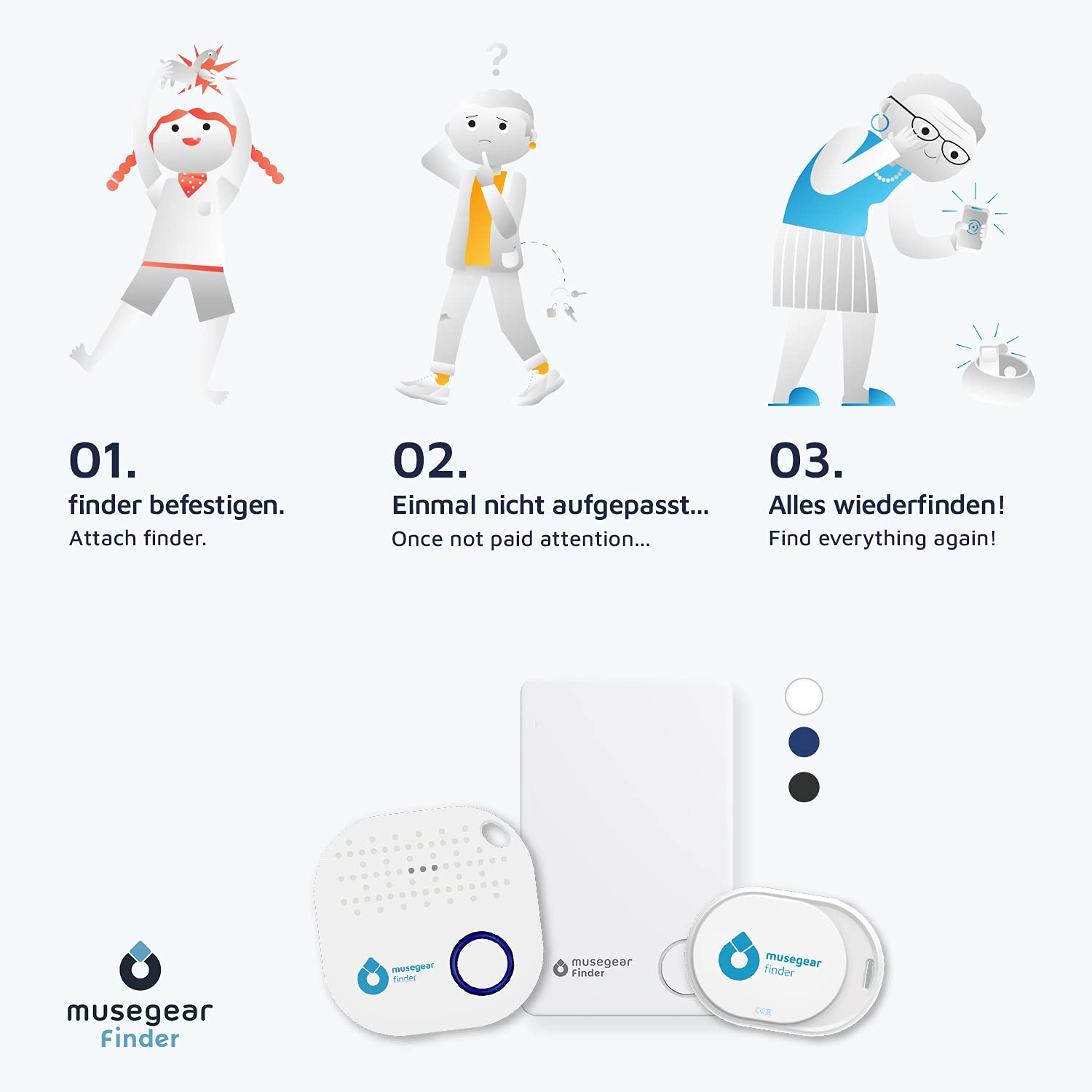 musegear Keyfinder Mini con Bluetooth App I Keyfinder ad Alta Voce per Cellulare - Blu Scuro 3-Pack I GPS Tracking/Pairing I Trovare Le Chiavi