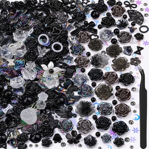 450PCS Resin Flower Beads Kit - 900 Sunflower Rhinestones & 3D Butterfly Charms 2mm Hole DIY Jewelry Supplies for Phone Case/Crocs Decorating Bulk Craft Beads with Pearls (Black)