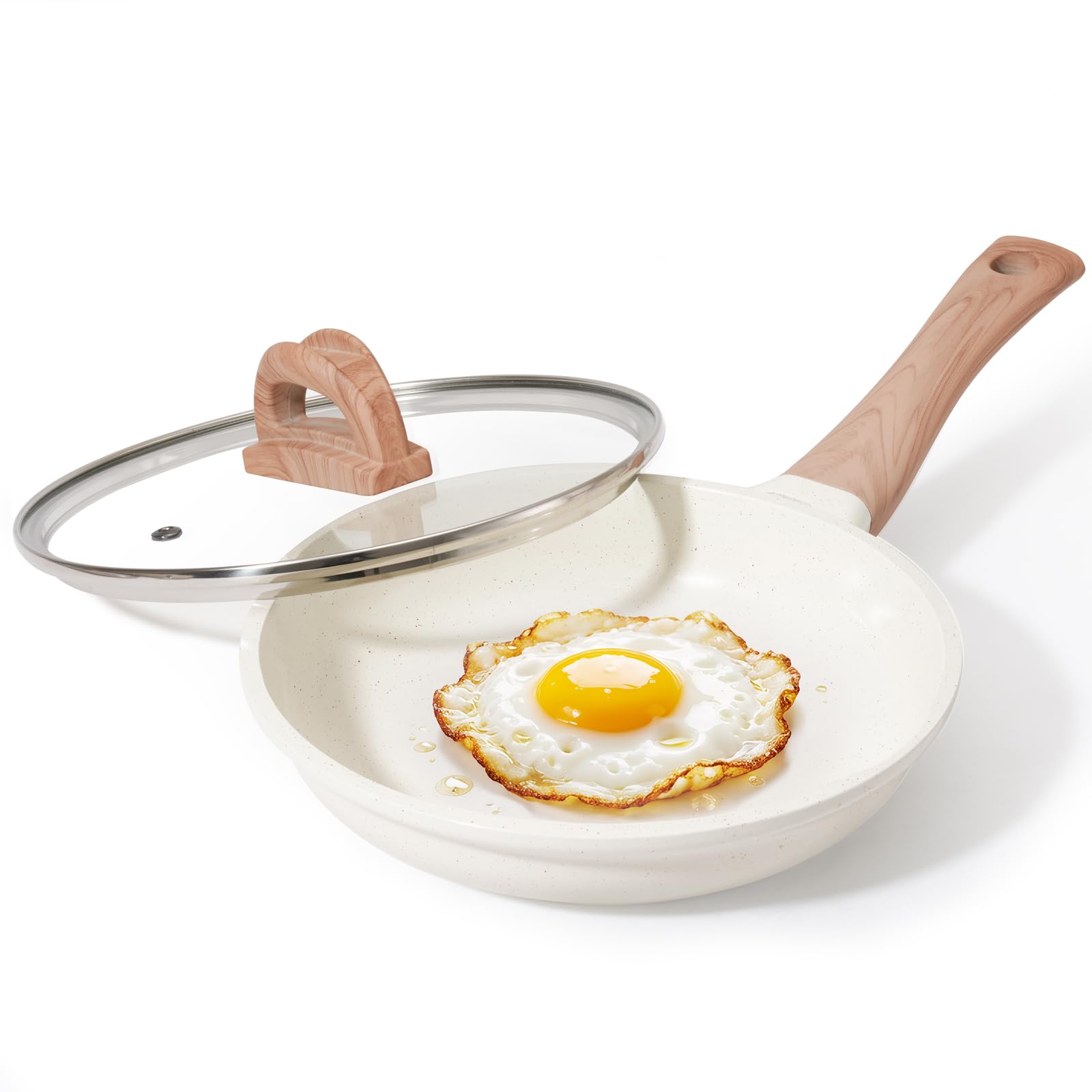 uesluck 8 inch creamic non stick frying pan with lid- small creamic skillet with lid, egg pan non stick with cool-touch handle, pfas & ptfe free, compatible with all stovetops