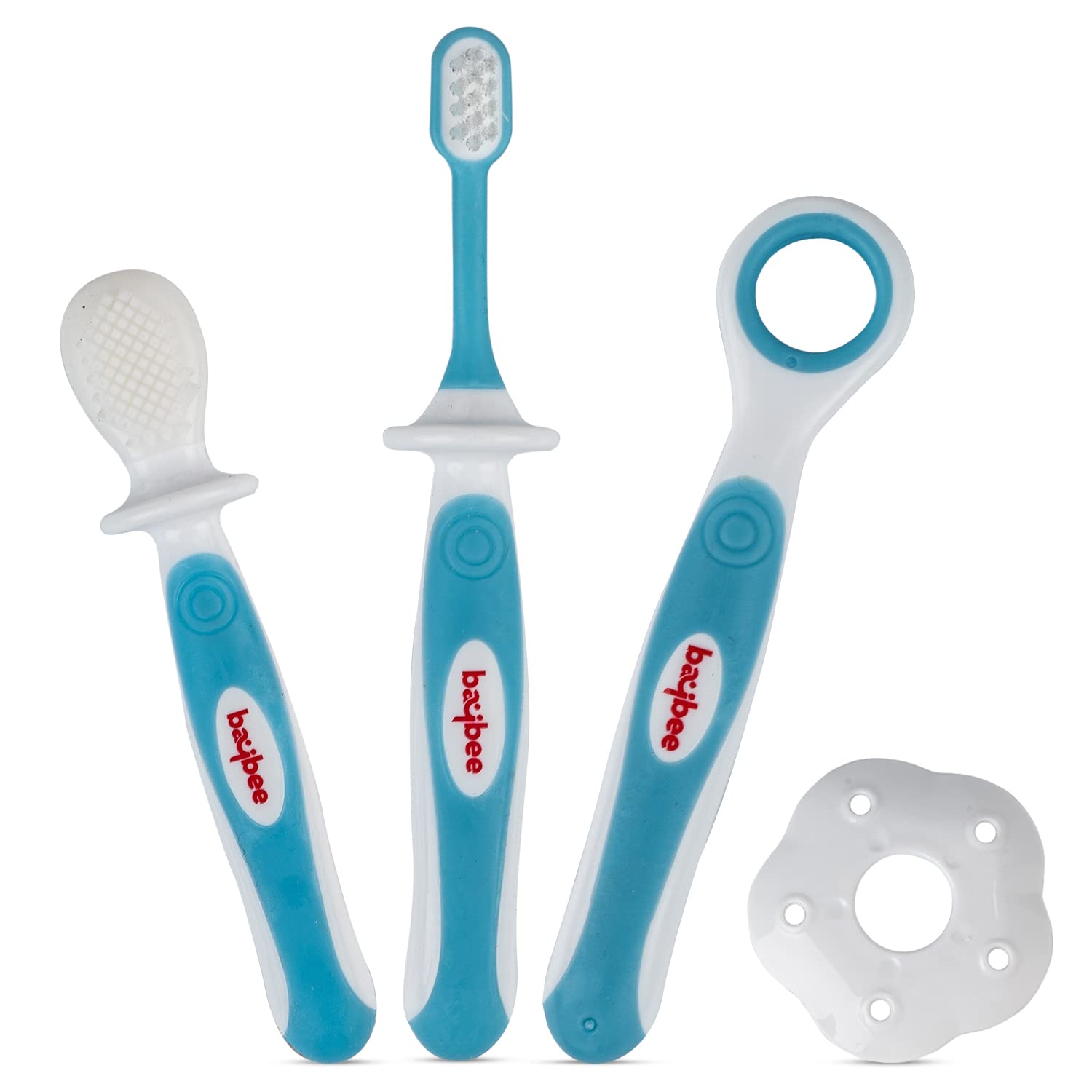BAYBEE Soft Silicone Manual Toothbrush Set for Infants 6+ Months - BPA Free Training Set With Anti-Chock Shield, Tongue Cleaner (Blue), 1 Count