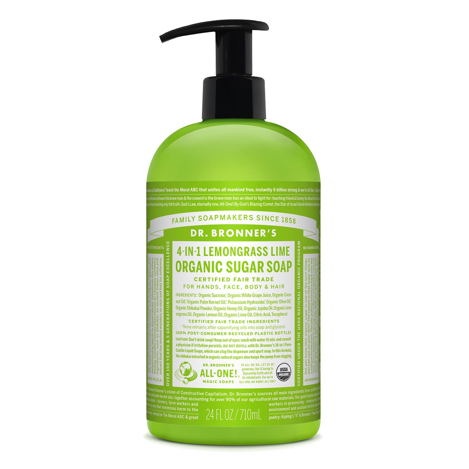 Dr Bronner's 4-in1 Organic Sugar, Lemongrass & Lime Pump Soap, Made with Organic Ingredients, Used for Hands, Body, Face and Hair, Certified Fair Trade & Vegan Friendly, 710ml Recycled Bottle