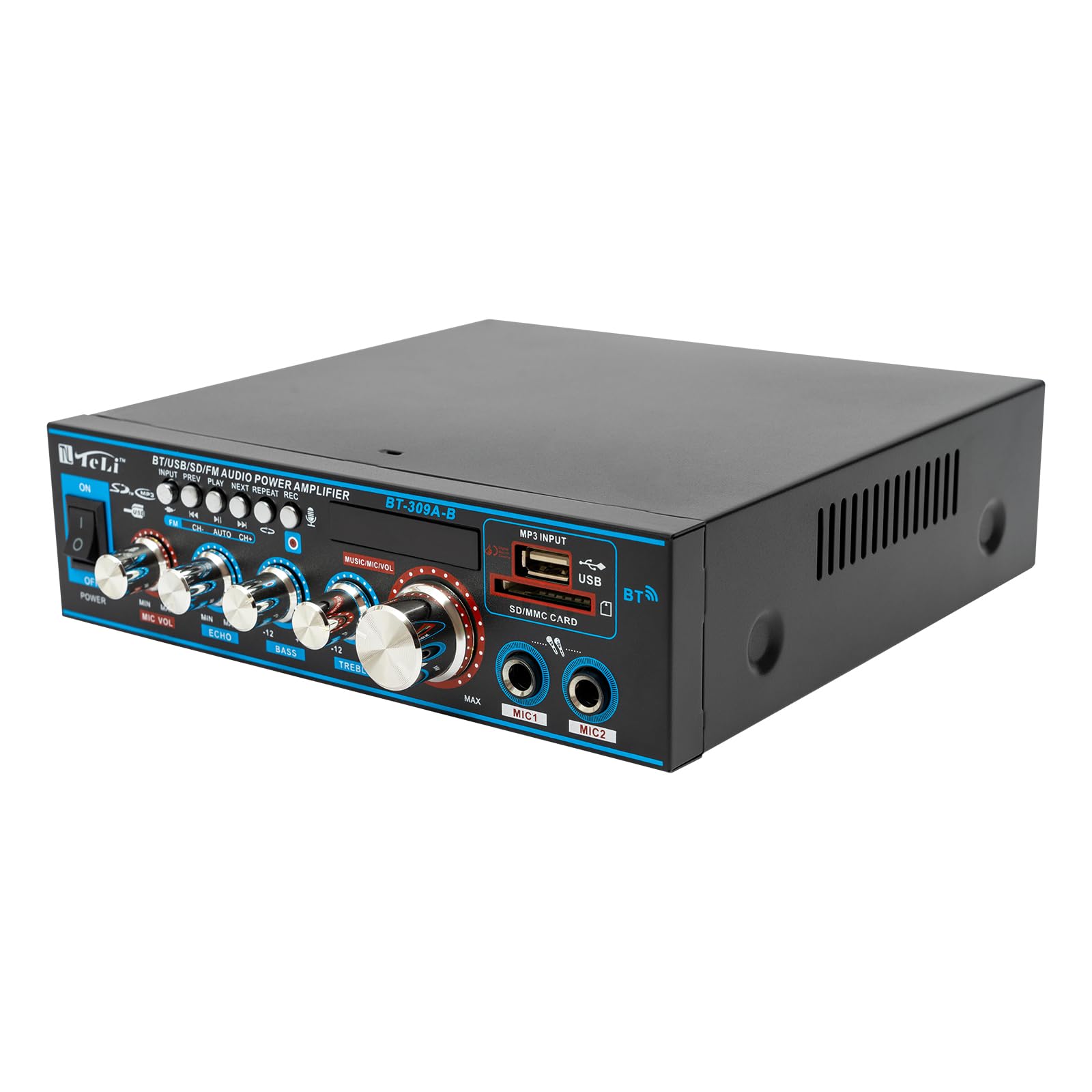 Wzmacniacz HiFi Bluetooth Stereo Radio Amplifier Mini HiFi FM odbiornik z pilotem zdalnego sterowania, pełny wzmacniacz, 2 kanały 400 W AC 220 V / DC 12 V, dwa przyłącza mikrofonowe CR2052,