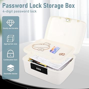 mumisuto Lockable Storage Container Bin, 6L Capacity Organizer Box with Combination Lock, Heavy Duty Plastic Trunk, Usable As Item Organizer Or Office File Storage (White)