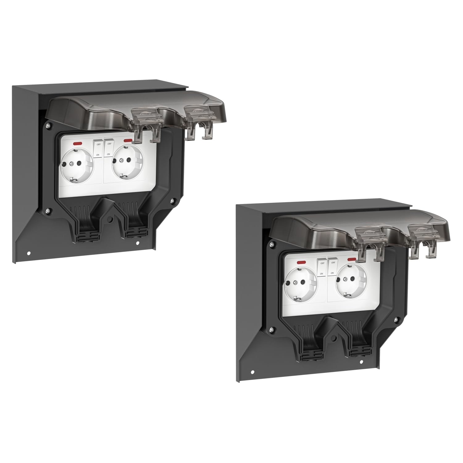 ledscom.de 2 tomas de corriente POXO para exterior, IP65, doble, acero inoxidable, antracita/negro, cuadradas, 20 cm